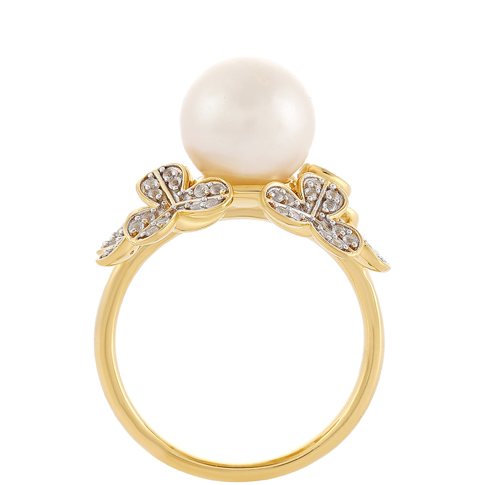 Anillo de Plata Bañada en Oro con Perla Barroca Cultivada de Agua Dulce y Topacio Blanco 3 
