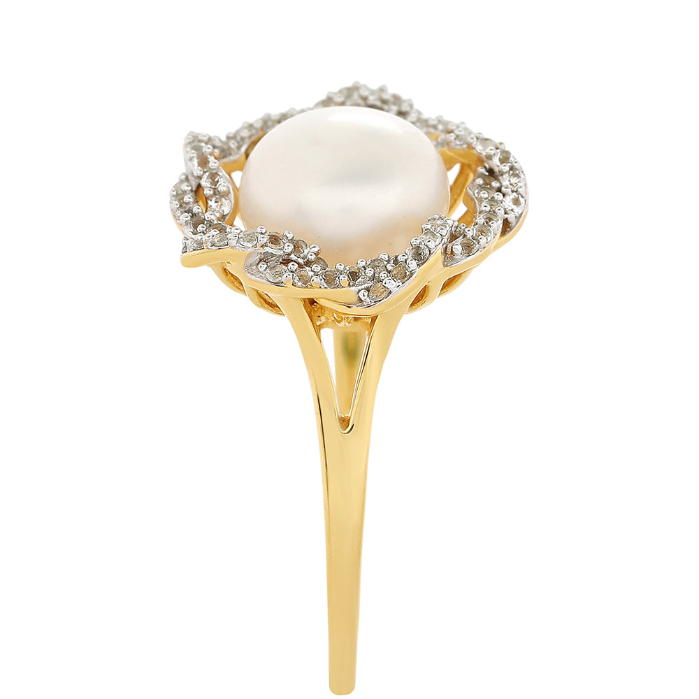 Anillo de Plata Bañada en Oro con Perla Barroca Cultivada de Agua Dulce y Topacio Blanco 4 