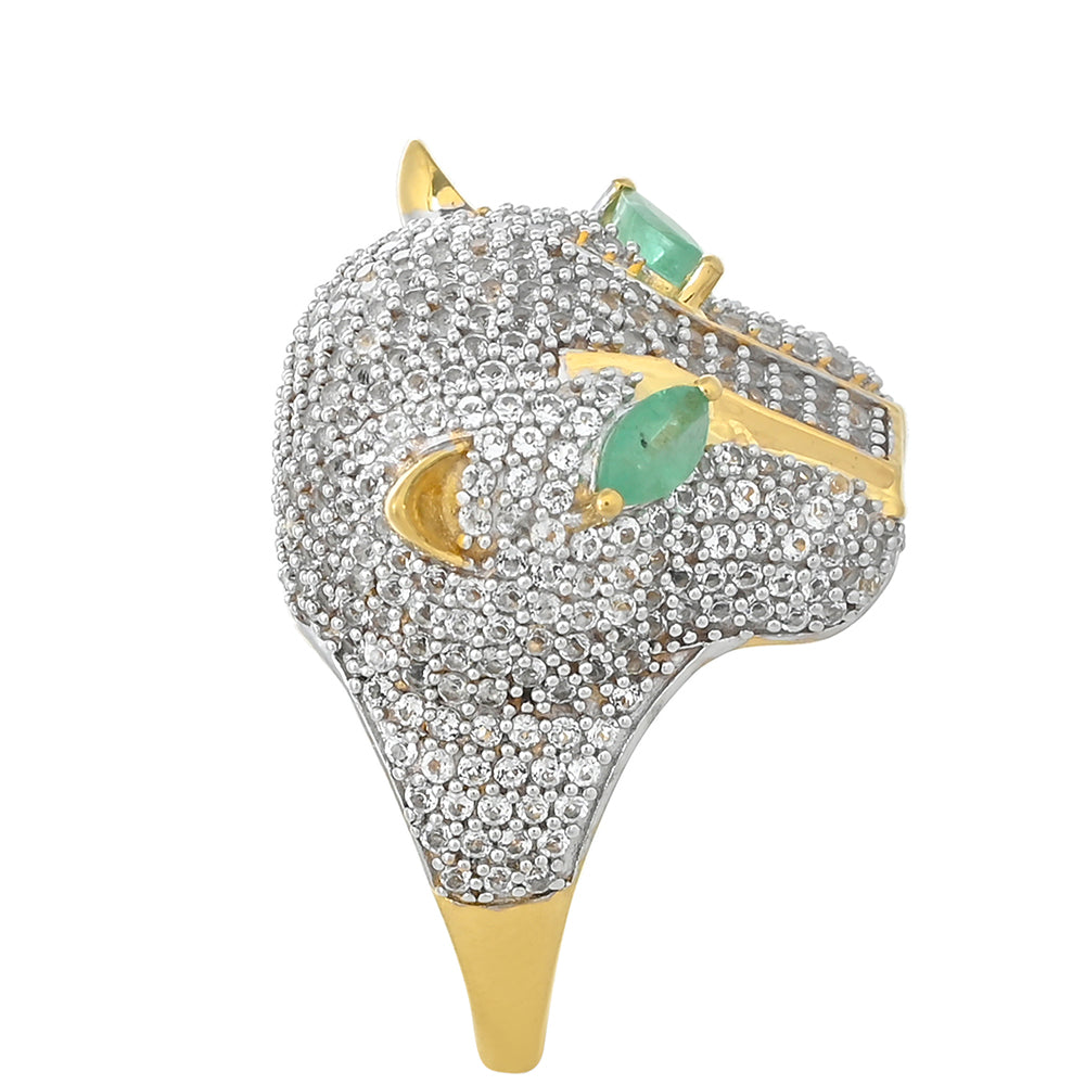 Anillo de Plata Bañada en Oro con Esmeralda de Brasil y Topacio Blanco