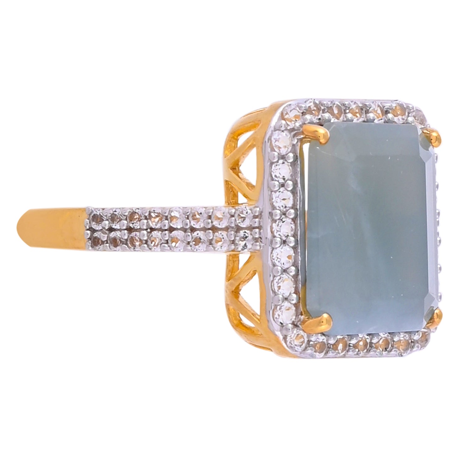 Anillo de Plata Bañada en Oro con Aguamarina y Topacio Blanco