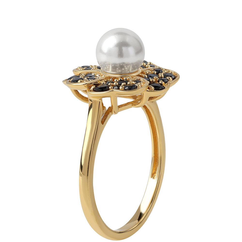 Anillo de Plata Bañada en Oro con Espinela Negra y Perla blanca de agua dulce