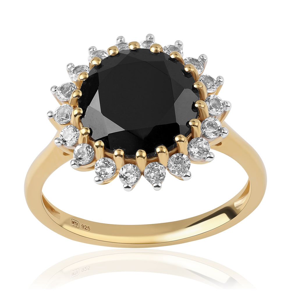 Anillo de Plata Bañada en Oro con Espinela Negra y Topacio Blanco 1 