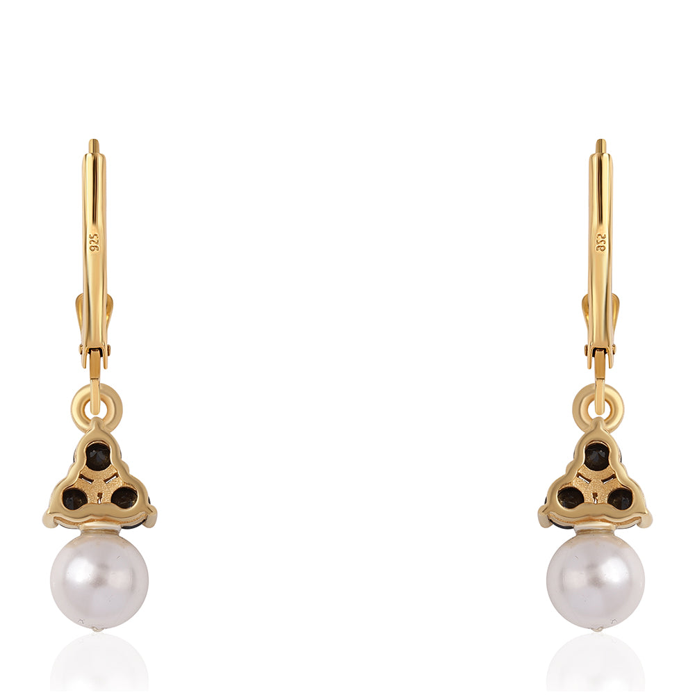 Pendientes de Plata Bañada en Oro con Espinela Negra y Perla blanca de agua dulce 6 