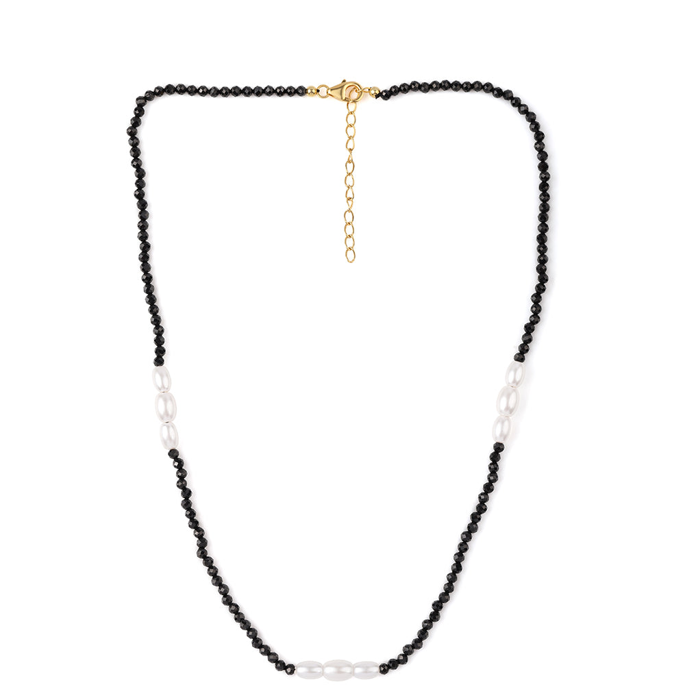 Collar de Plata Bañada en Oro con Espinela Negra y Perla blanca de agua dulce 2 
