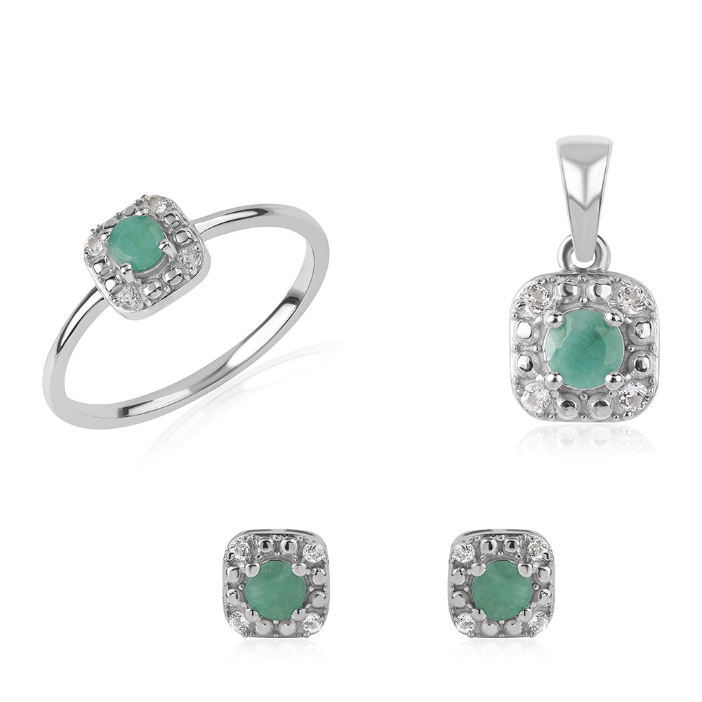 Conjunto de Plata con Esmeralda de Brasil y Topacio Blanco ( Pendientes +Anillo +Colgante ) 1 