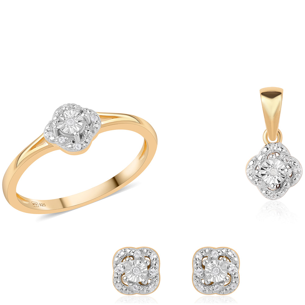 Conjunto de Plata Bañada en Oro con Diamante blanco y Topacio Blanco ( Pendientes +Anillo +Colgante ) 1 
