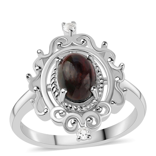 Anillo de Plata con Ópalo negro medianoche Lega Dembi de Ëtiopía y Topacio Blanco