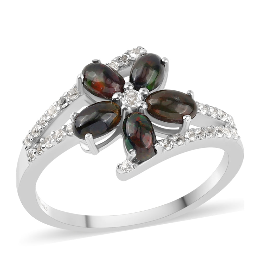 Anillo de Plata con Ópalo negro medianoche Lega Dembi de Ëtiopía y Topacio Blanco 1 