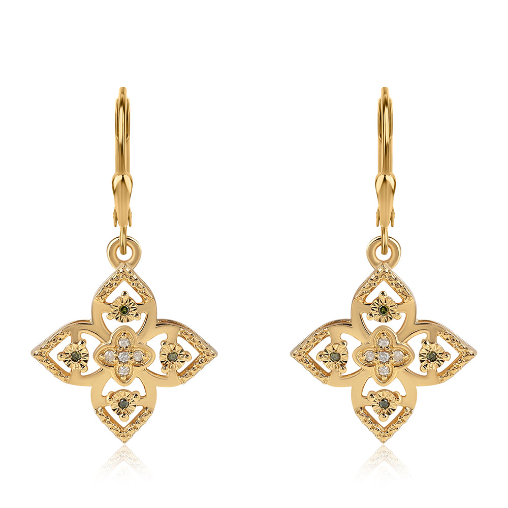 Pendientes de Plata Bañada en Oro con Diamante Verde y Diamante blanco