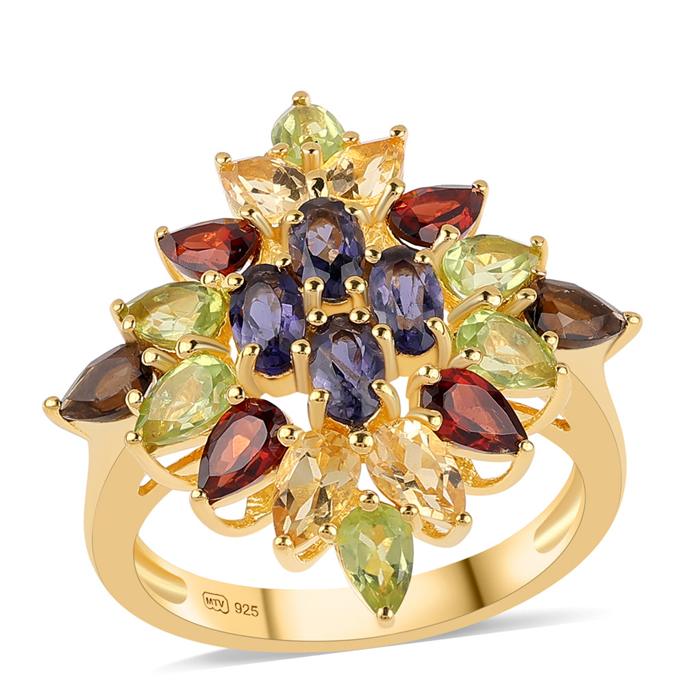 Anillo de Plata Bañada en Oro con Granate rojo y Peridoto 1 