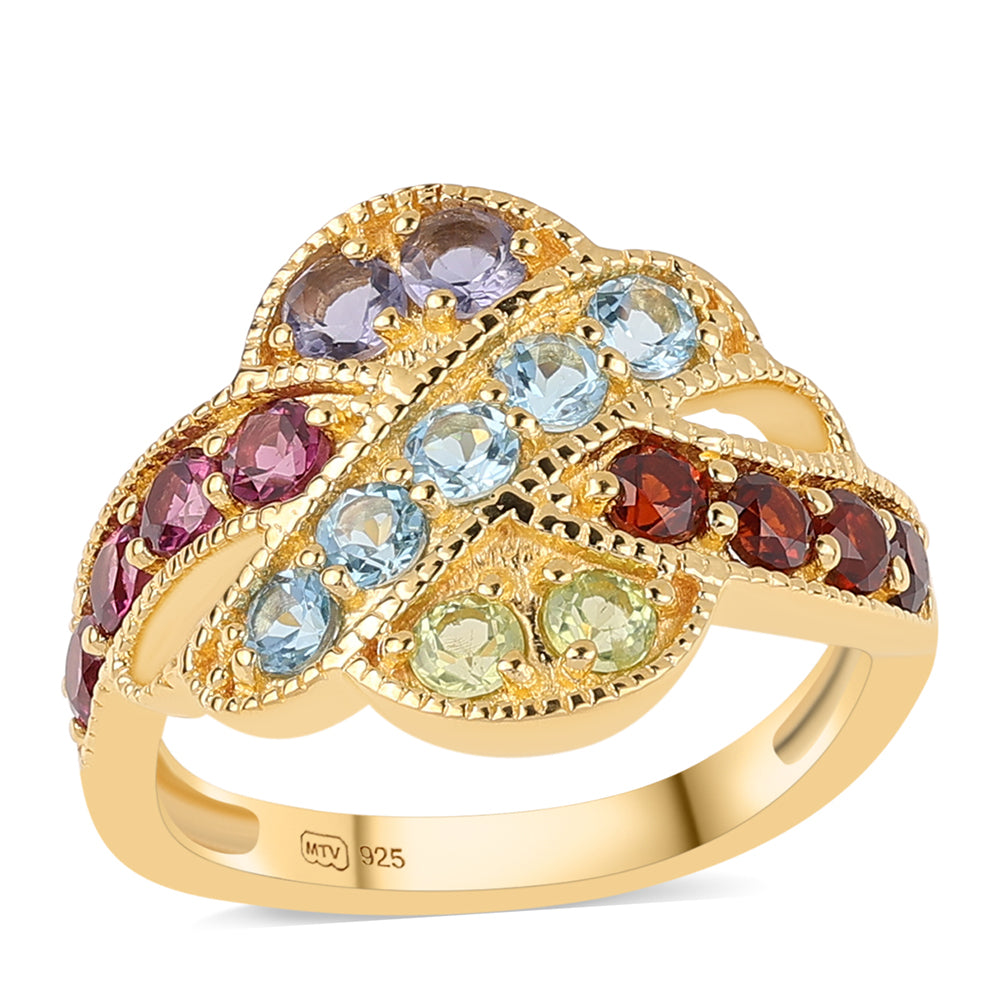 Anillo de Plata Bañada en Oro con Granate rojo y Peridoto 1 