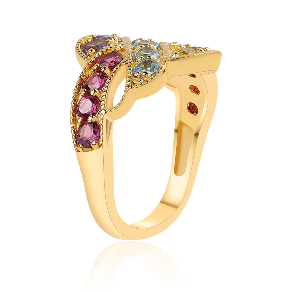 Anillo de Plata Bañada en Oro con Granate rojo y Peridoto 3 