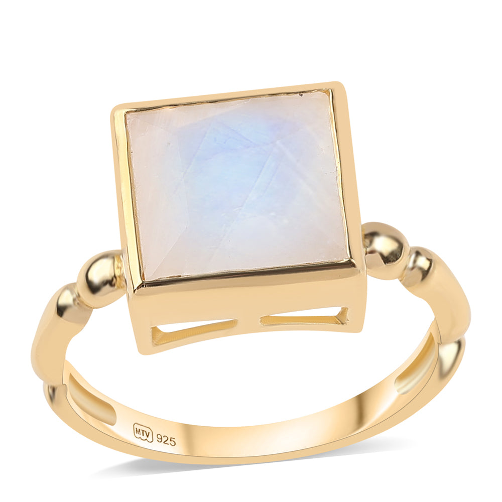 Anillo de Plata Bañada en Oro con Piedra de Luna de arcoiris AA