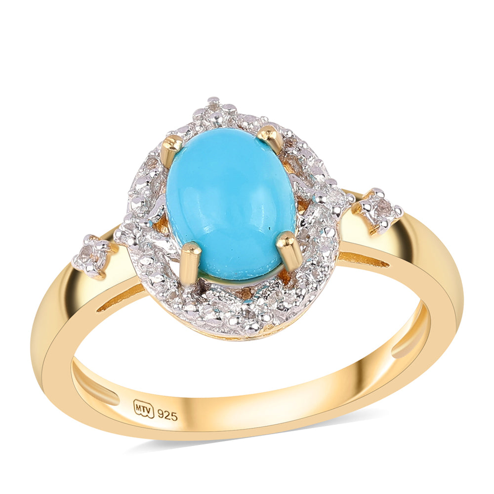 Anillo de Plata Bañada en Oro con Turquesa Bella Durmiente y Topacio Blanco 1 