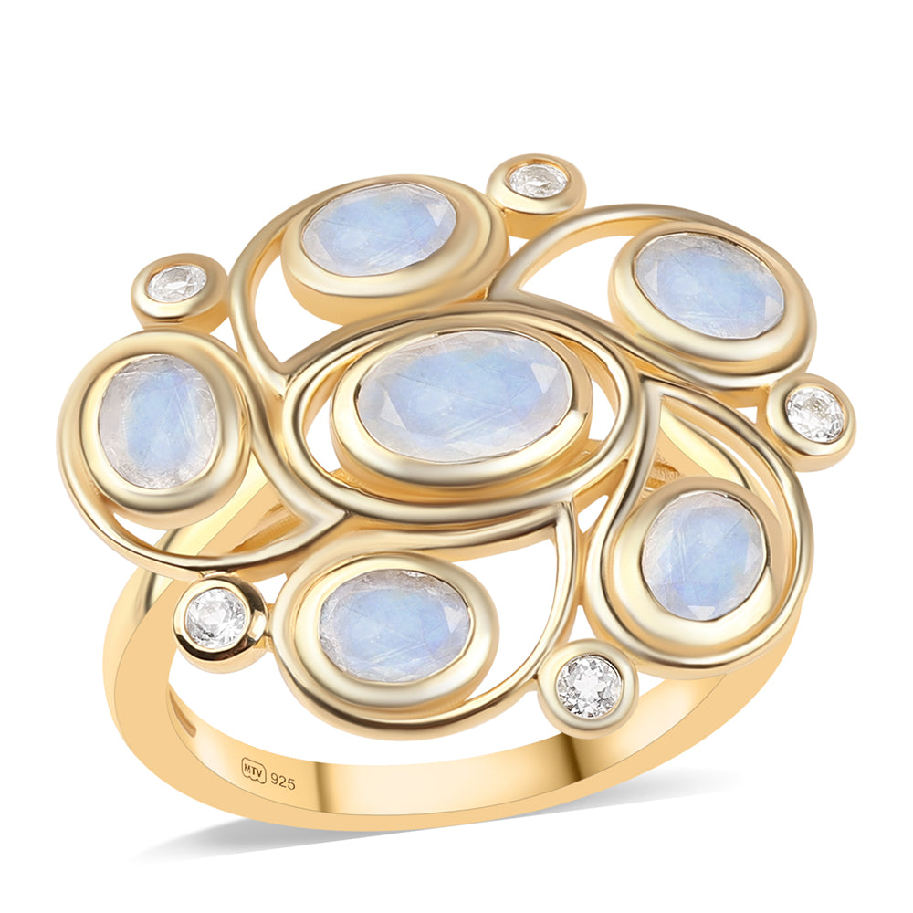 Anillo de Plata Bañada en Oro con Piedra de Luna de arcoiris AA y Topacio Blanco