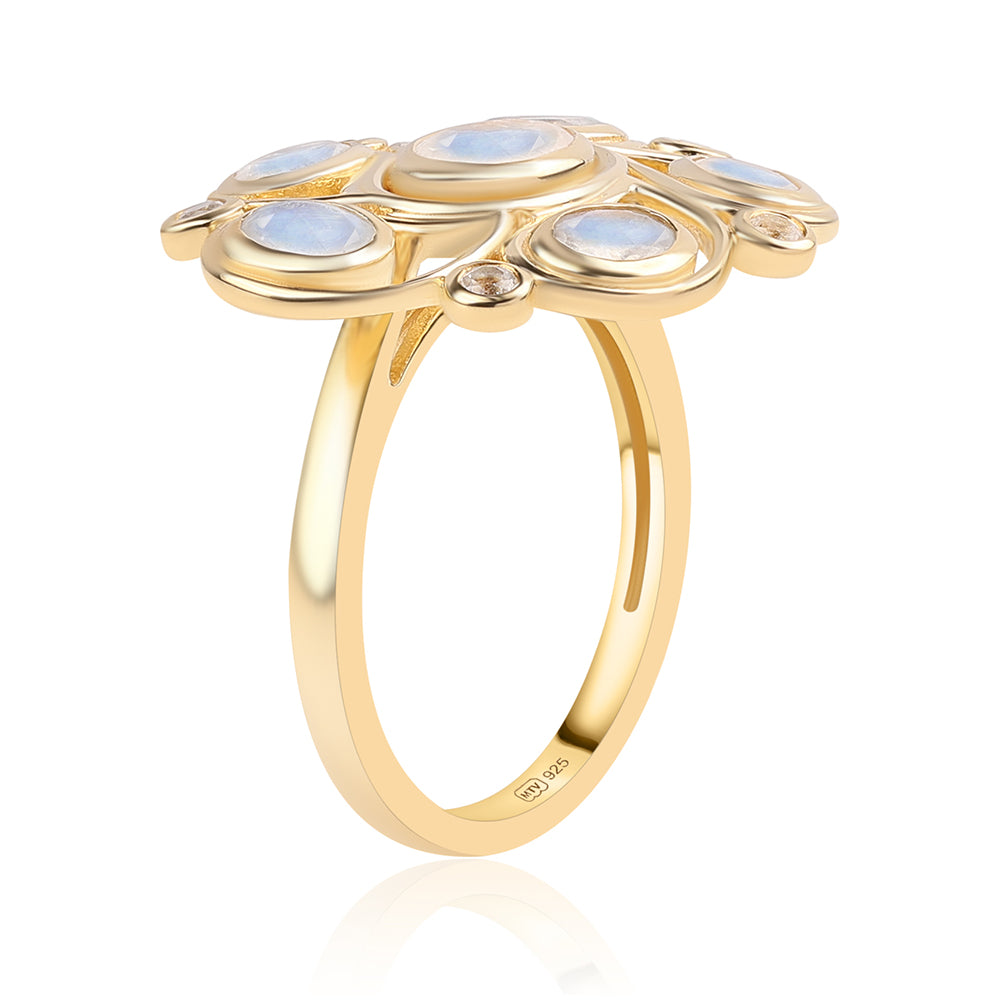 Anillo de Plata Bañada en Oro con Piedra de Luna de arcoiris AA y Topacio Blanco 2 