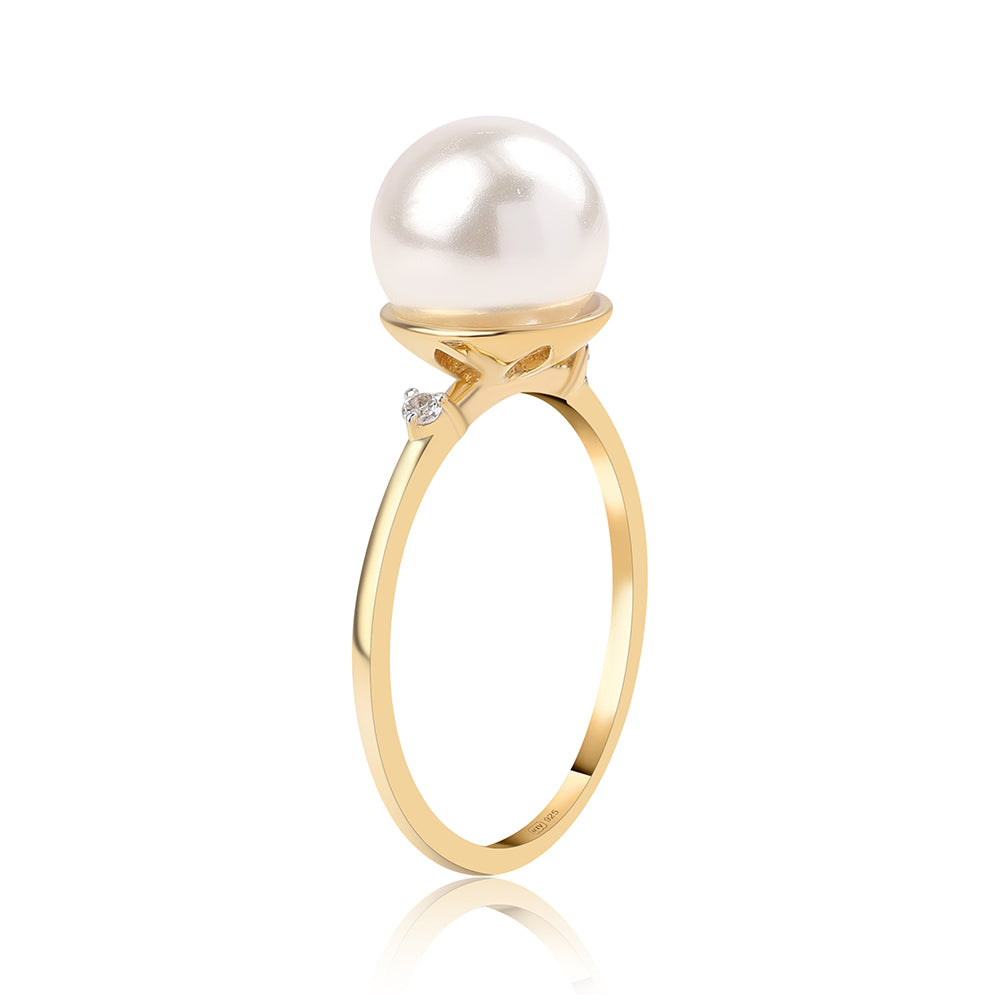 Anillo de Plata Bañada en Oro con Perla blanca de agua dulce y Topacio Blanco 2 