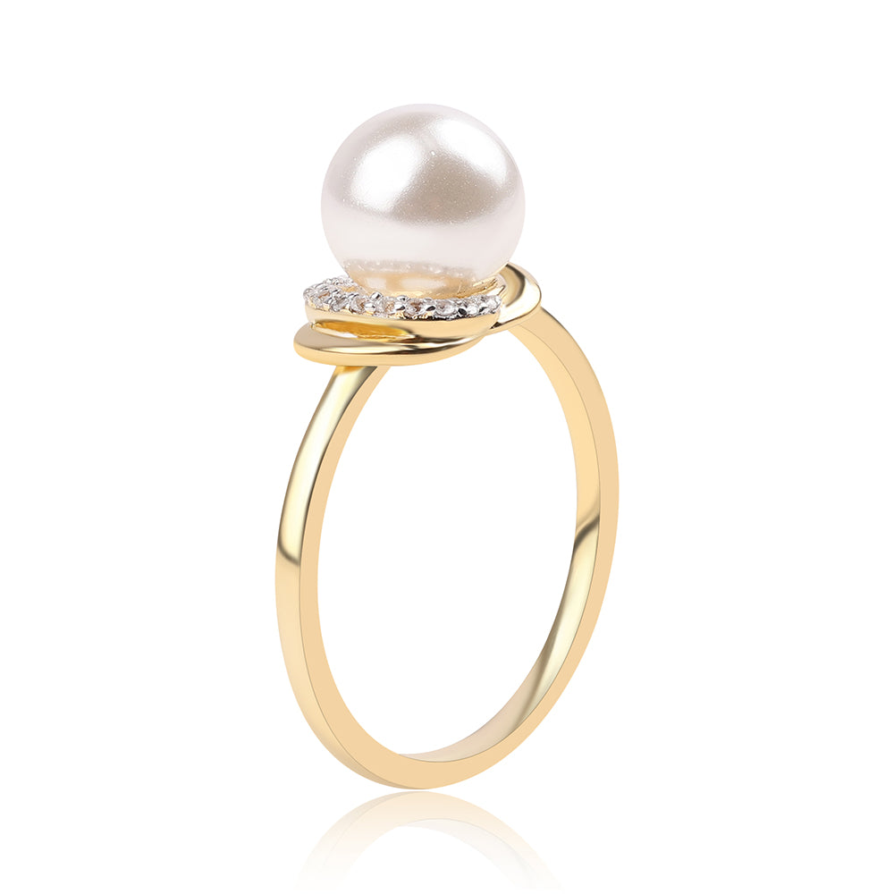 Anillo de Plata Bañada en Oro con Perla blanca de agua dulce y Topacio Blanco 2 