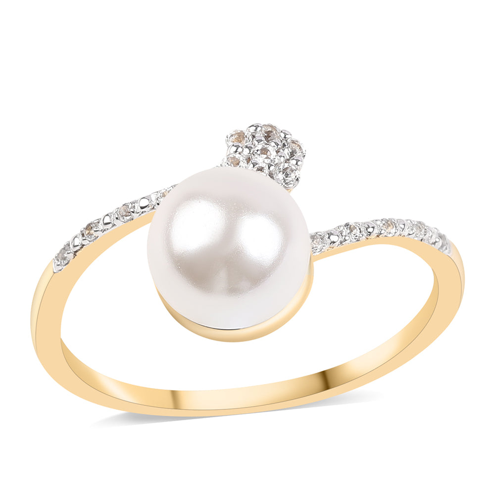 Anillo de Plata Bañada en Oro con Perla blanca de agua dulce y Topacio Blanco