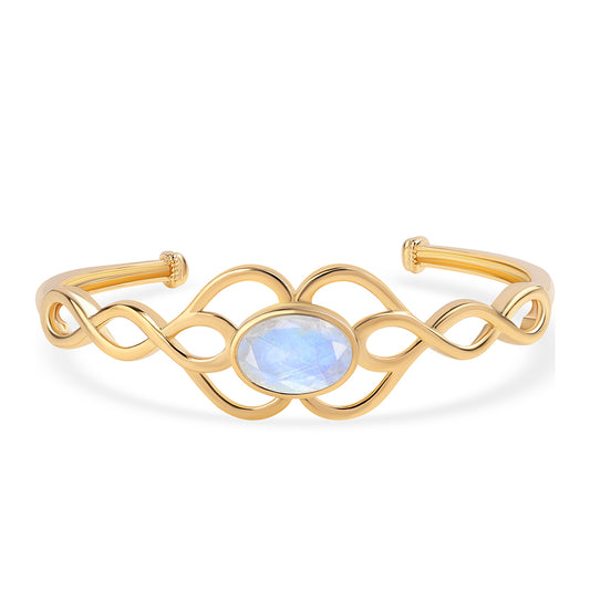 Brazalete de Plata Bañada en Oro con Piedra de Luna de arcoiris AA