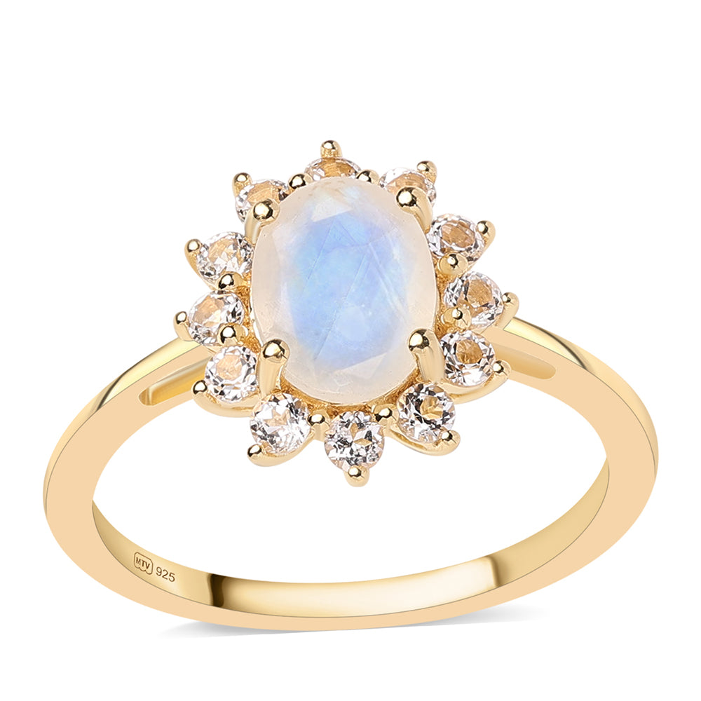 Anillo de Plata Bañada en Oro con Piedra de Luna de arcoiris AA y Topacio Blanco 1 
