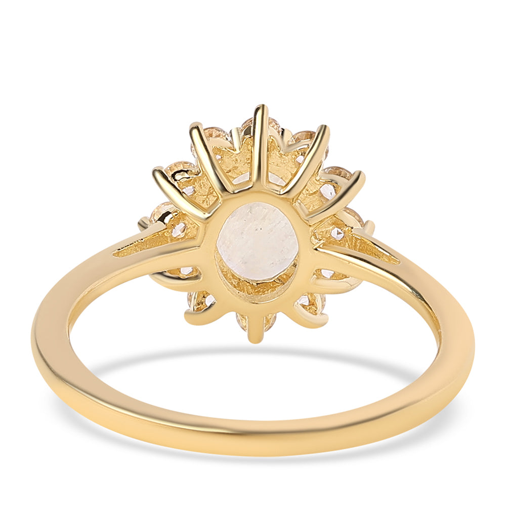 Anillo de Plata Bañada en Oro con Piedra de Luna de arcoiris AA y Topacio Blanco 2 