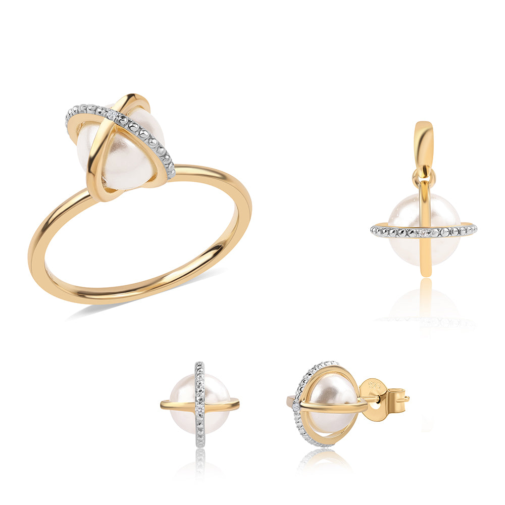 Conjunto de Plata Bañada en Oro con Perla blanca de agua dulce y Topacio Blanco ( Pendientes +Anillo +Colgante ) 1 