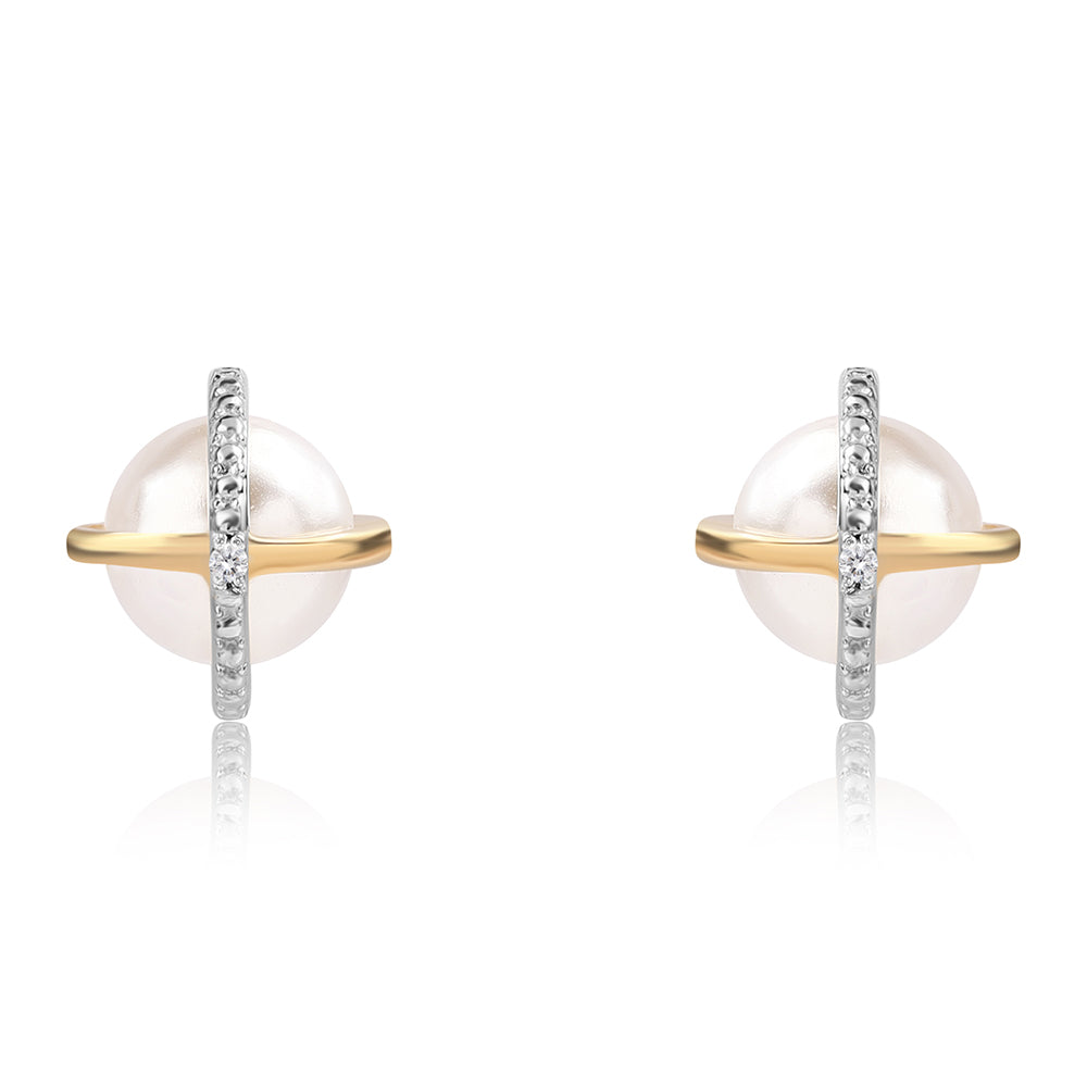 Conjunto de Plata Bañada en Oro con Perla blanca de agua dulce y Topacio Blanco ( Pendientes +Anillo +Colgante ) 4 