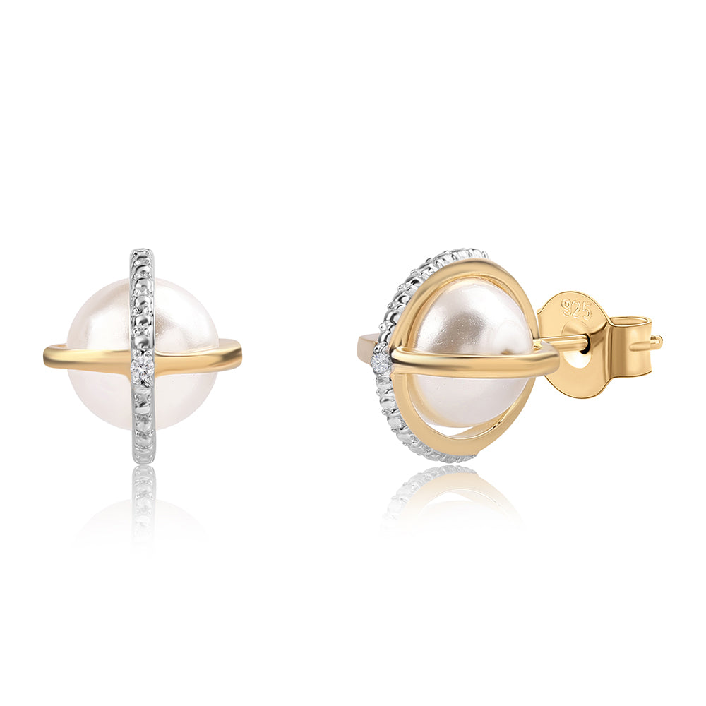 Conjunto de Plata Bañada en Oro con Perla blanca de agua dulce y Topacio Blanco ( Pendientes +Anillo +Colgante ) 5 
