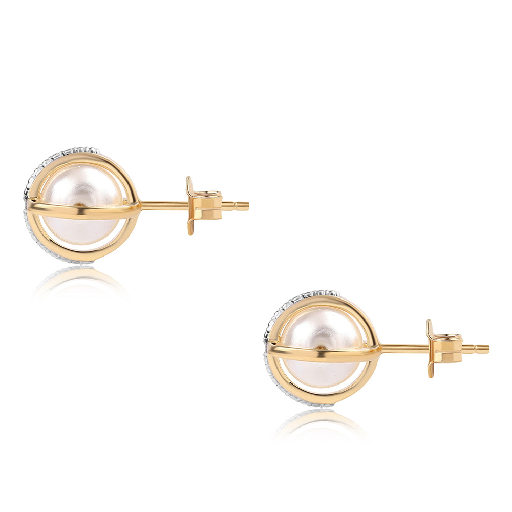 Conjunto de Plata Bañada en Oro con Perla blanca de agua dulce y Topacio Blanco ( Pendientes +Anillo +Colgante )