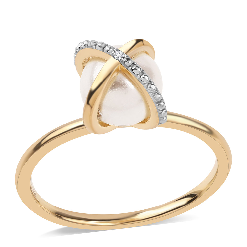 Conjunto de Plata Bañada en Oro con Perla blanca de agua dulce y Topacio Blanco ( Pendientes +Anillo +Colgante )