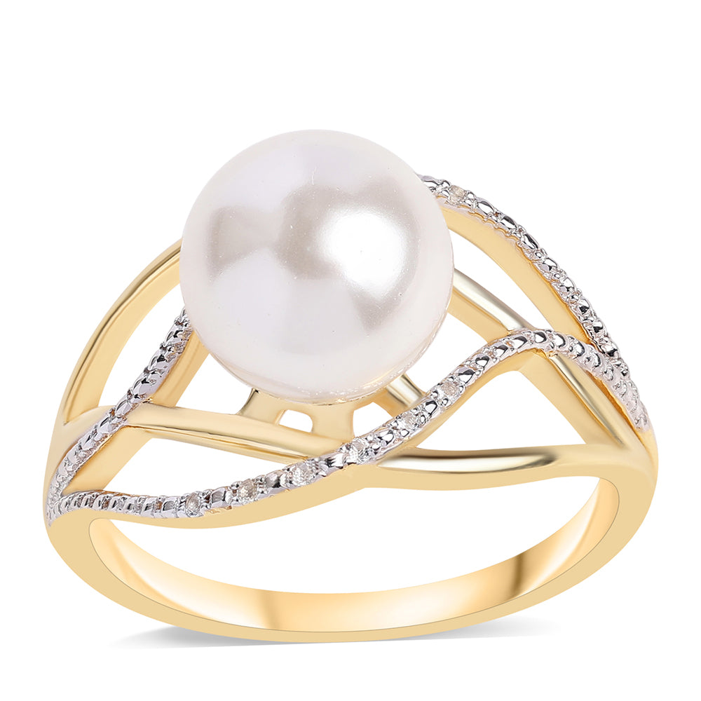 Anillo de Plata Bañada en Oro con Perla blanca de agua dulce y Topacio Blanco 1 