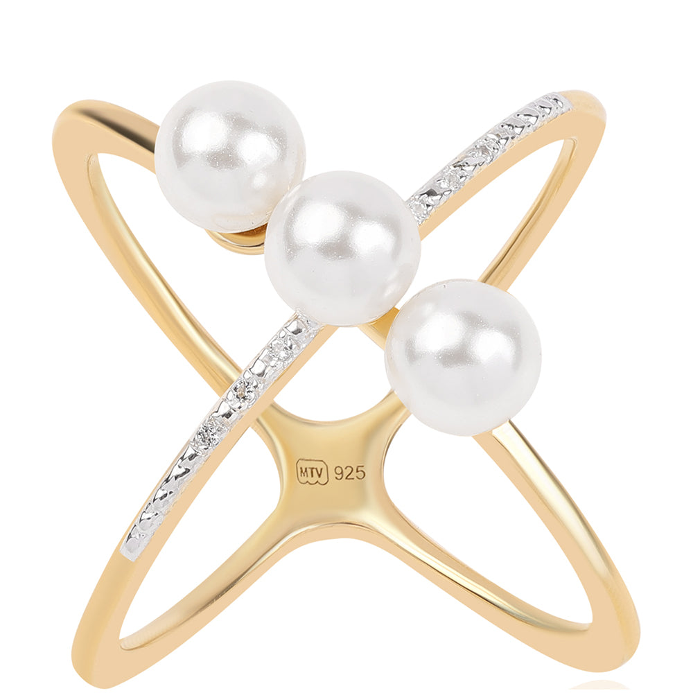 Anillo de Plata Bañada en Oro con Perla blanca de agua dulce y Topacio Blanco 1 