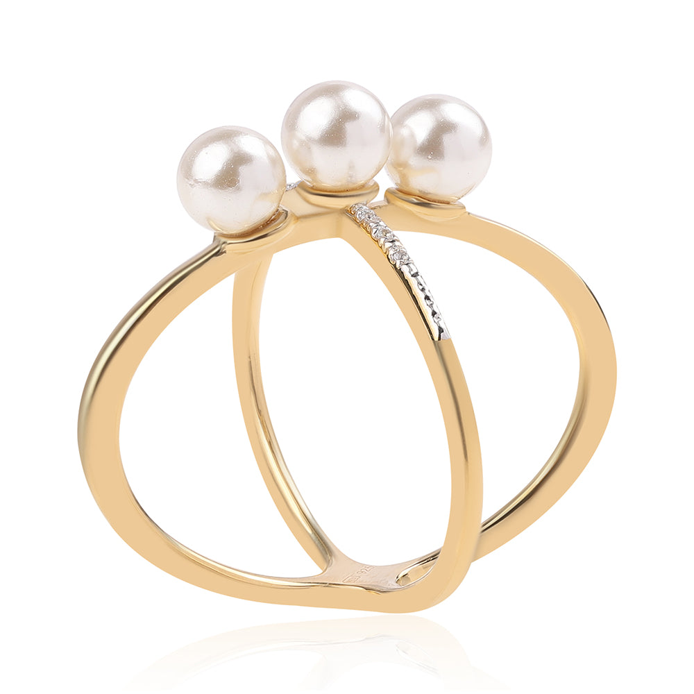 Anillo de Plata Bañada en Oro con Perla blanca de agua dulce y Topacio Blanco 3 