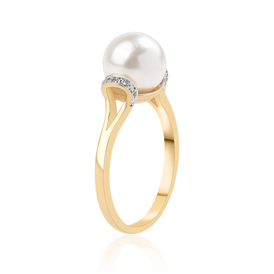 Anillo de Plata Bañada en Oro con Perla blanca de agua dulce y Topacio Blanco
