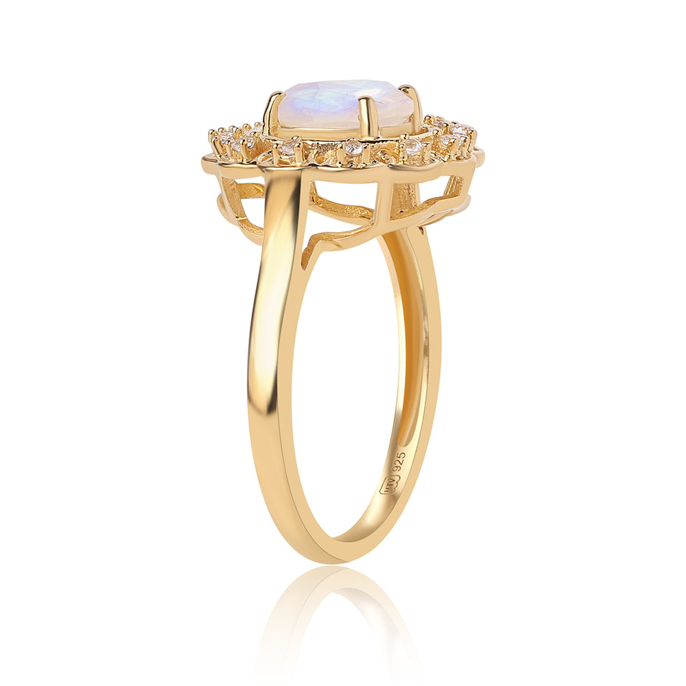 Anillo de Plata Bañada en Oro con Piedra de Luna de arcoiris AA y Topacio Blanco 3 