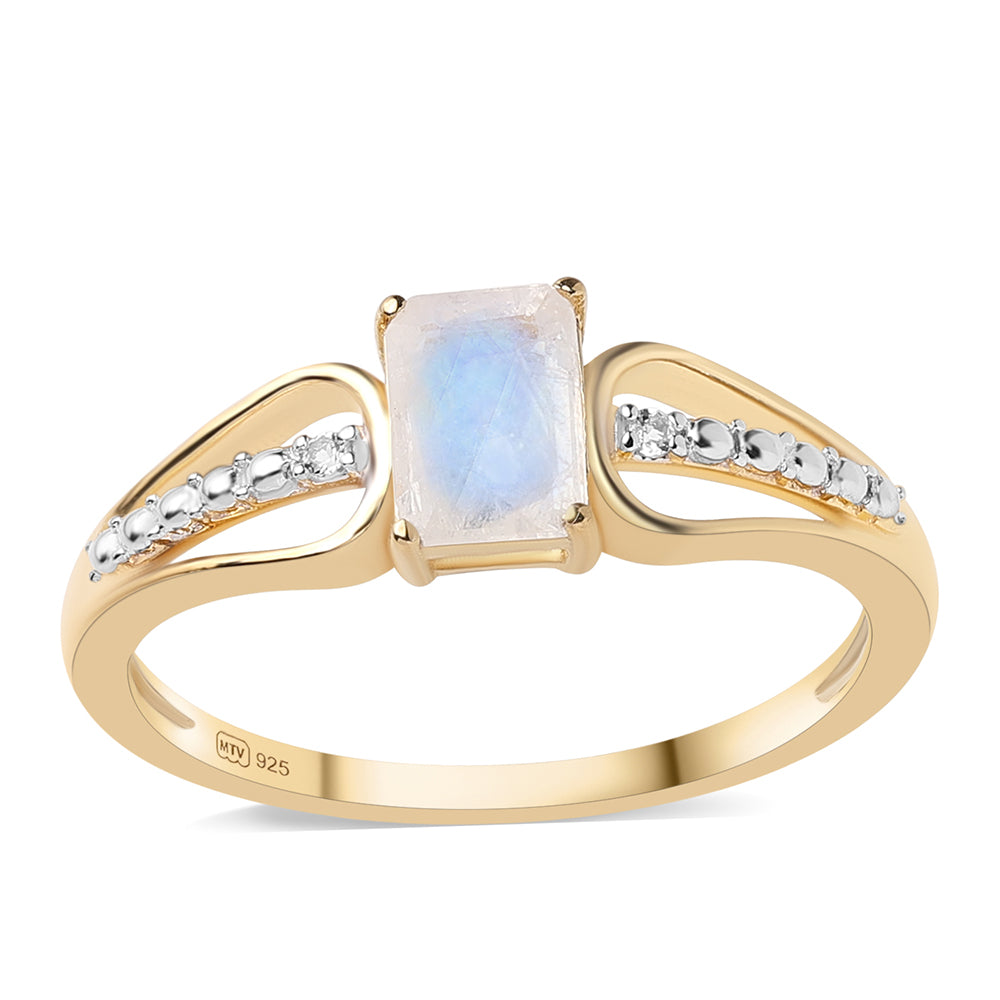 Anillo de Plata Bañada en Oro con Piedra de Luna de arcoiris AA y Topacio Blanco 1 