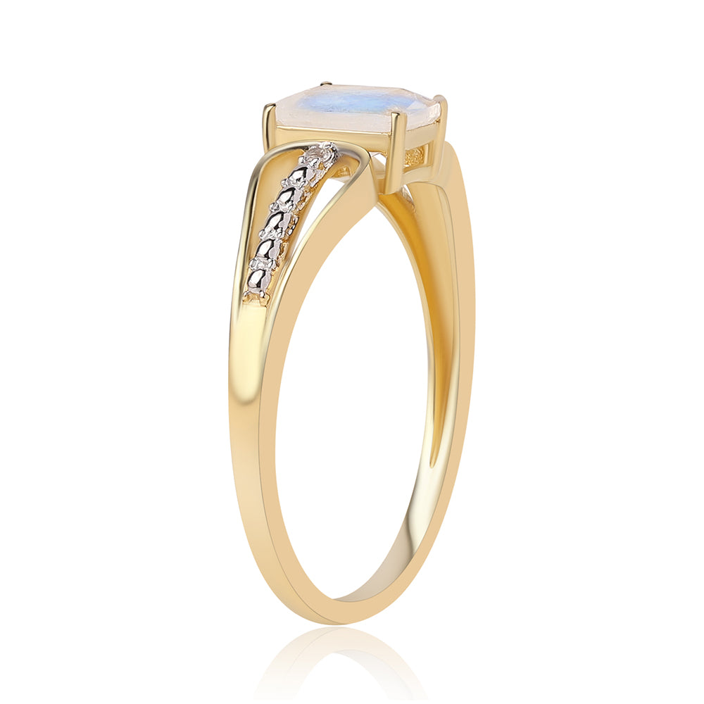 Anillo de Plata Bañada en Oro con Piedra de Luna de arcoiris AA y Topacio Blanco 2 