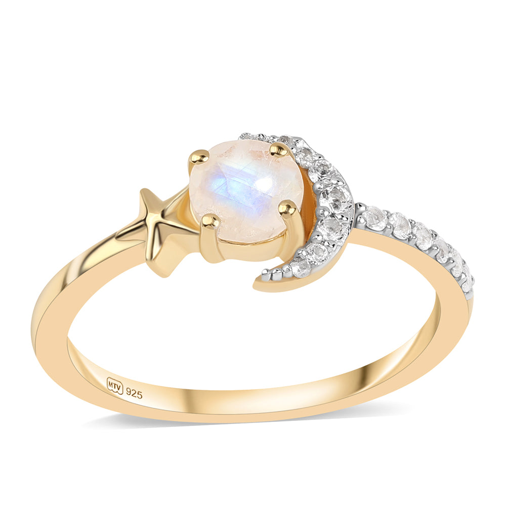 Anillo de Plata Bañada en Oro con Piedra de Luna de arcoiris AA y Topacio Blanco 1 