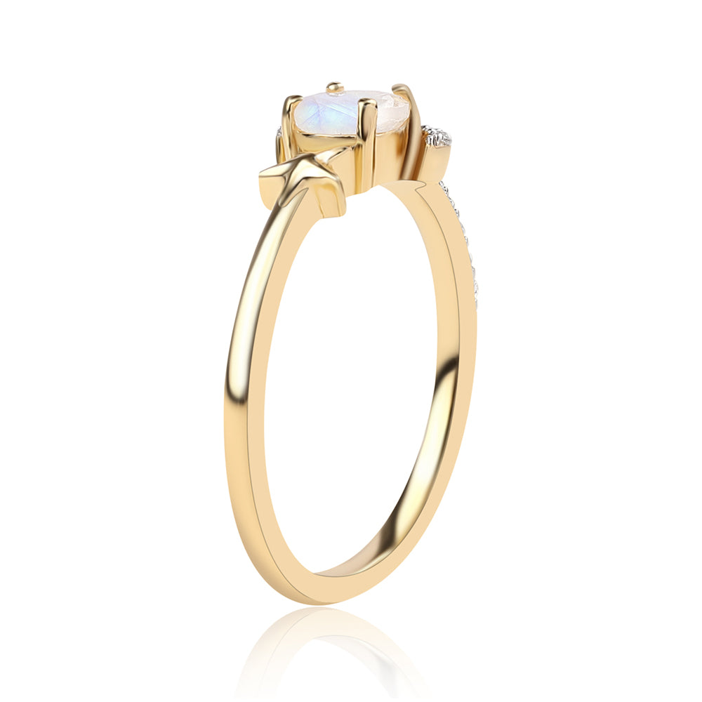 Anillo de Plata Bañada en Oro con Piedra de Luna de arcoiris AA y Topacio Blanco 2 