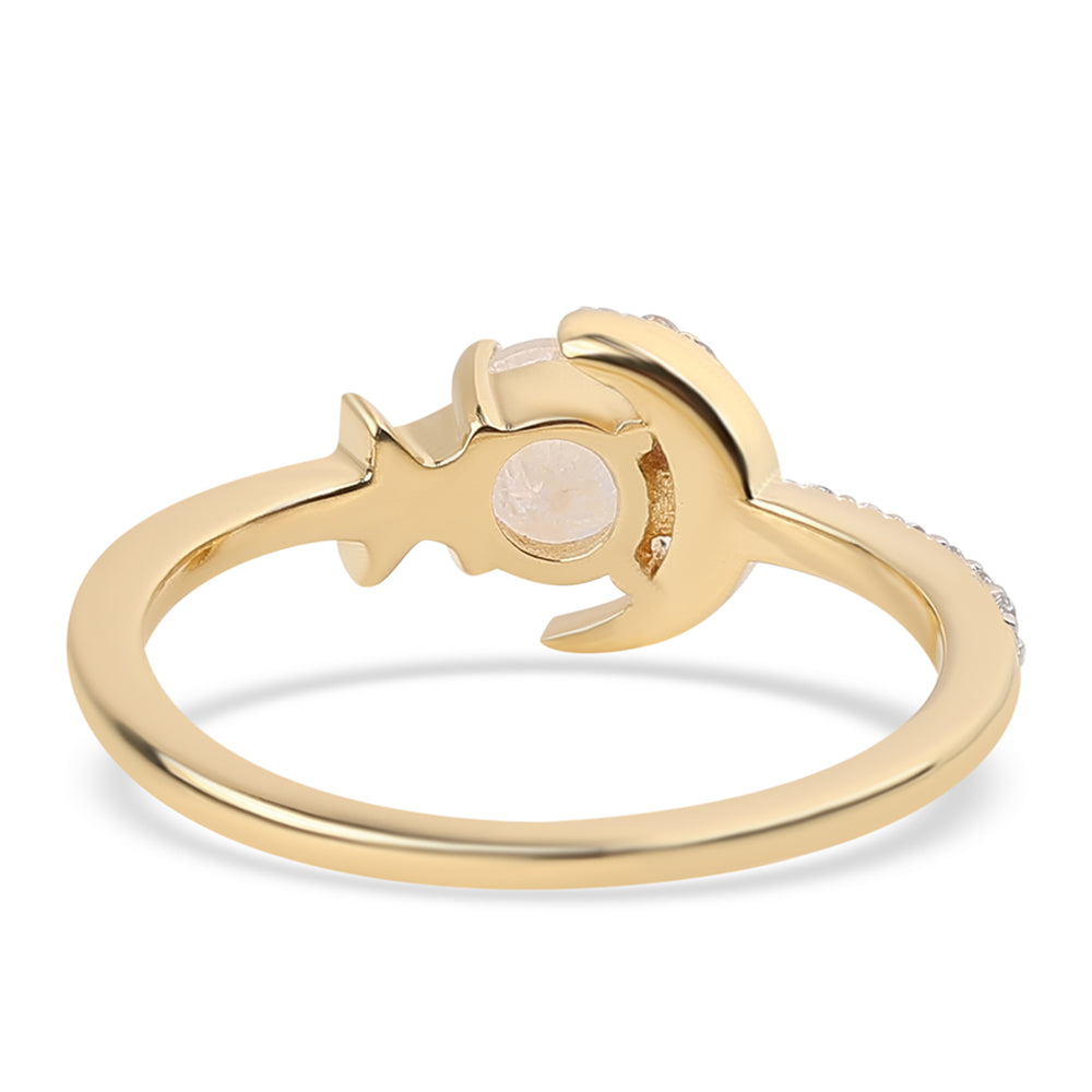 Anillo de Plata Bañada en Oro con Piedra de Luna de arcoiris AA y Topacio Blanco 3 