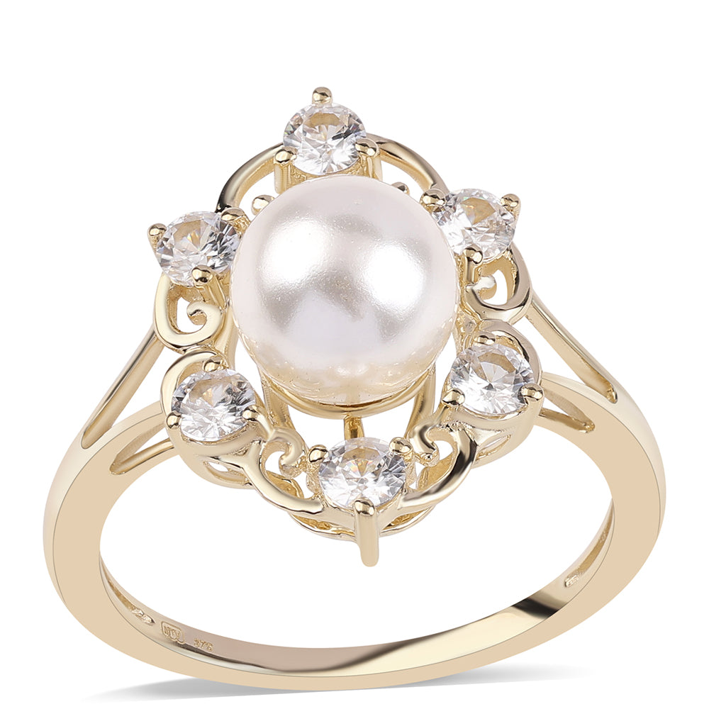 Anillo de Oro 9K con Perla blanca de agua dulce y Zircón Blanco 1 