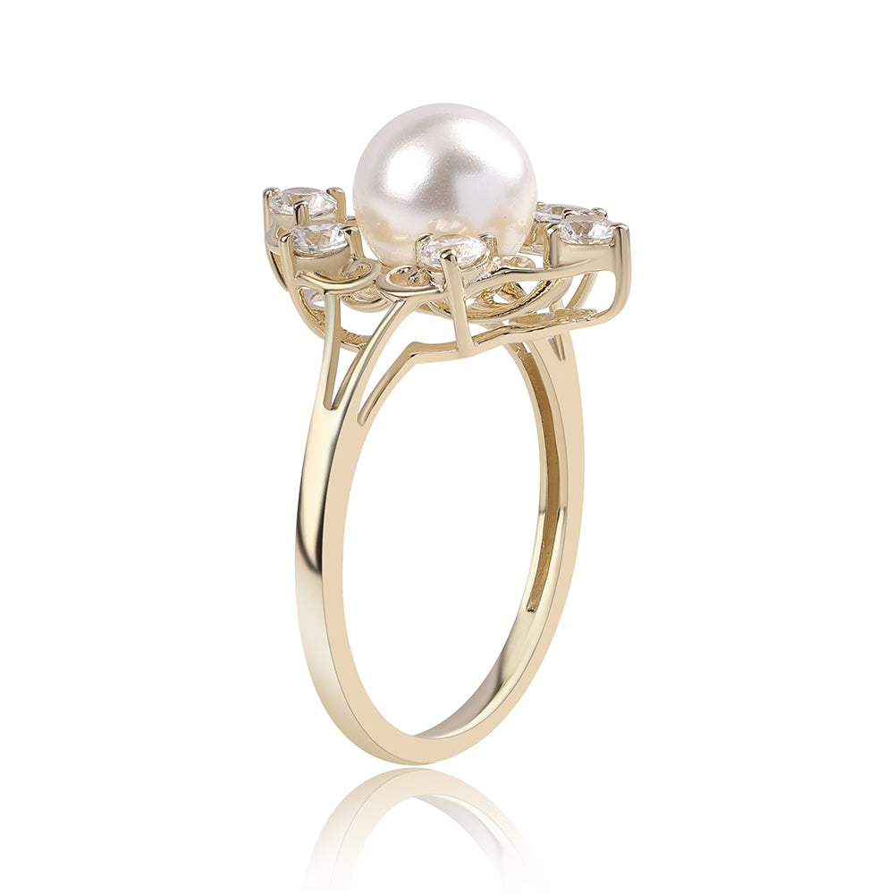 Anillo de Oro 9K con Perla blanca de agua dulce y Zircón Blanco