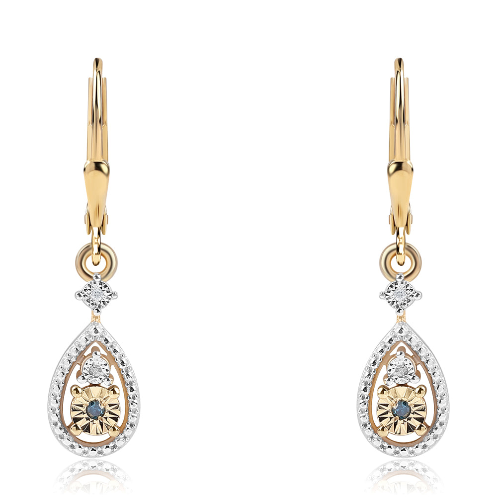 Pendientes de Plata Bañada en Oro con Diamante Azul y Diamante blanco