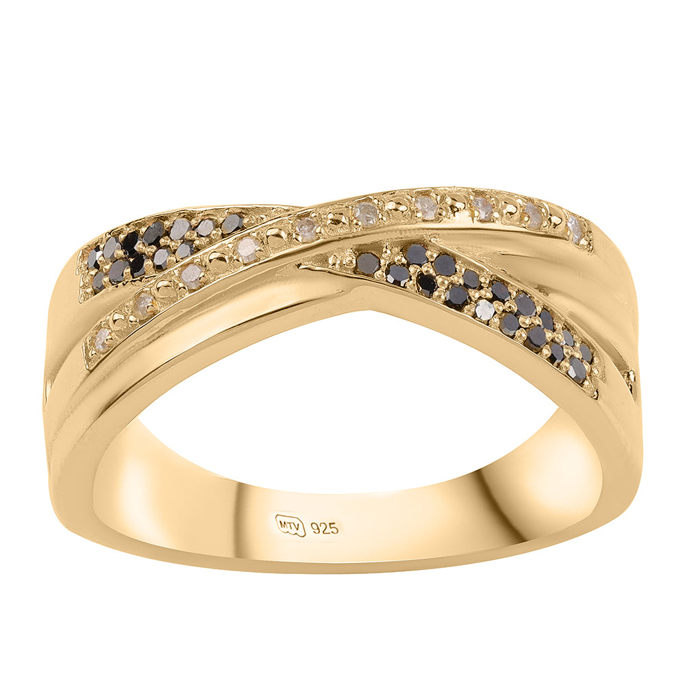 Anillo de Plata Bañada en Oro con Diamante Negro y Diamante blanco 1 
