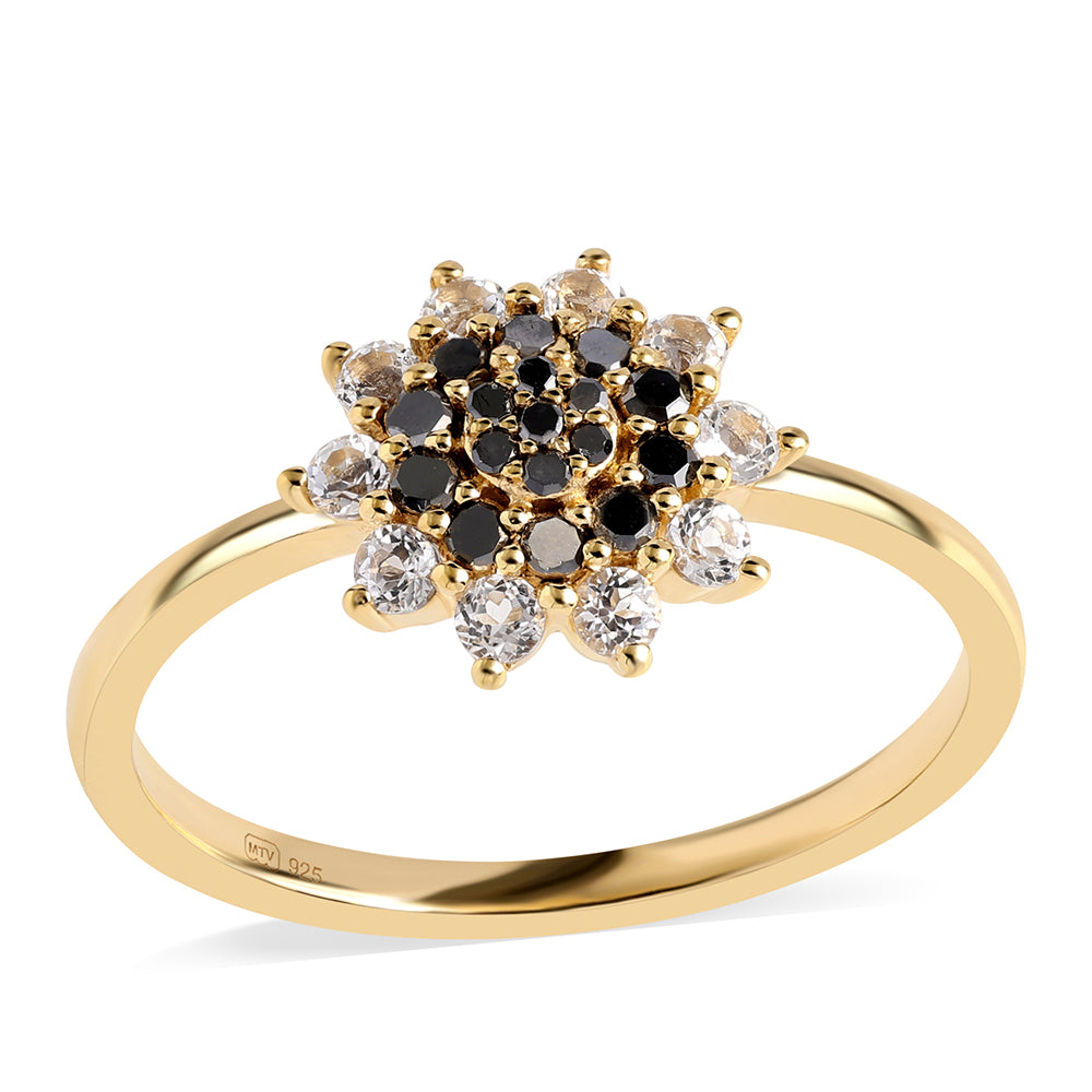 Anillo de Plata Bañada en Oro con Diamante Negro y Topacio Blanco