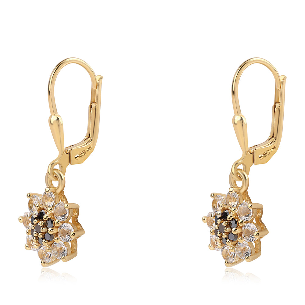 Pendientes de Plata Bañada en Oro con Diamante Negro y Topacio Blanco 1 
