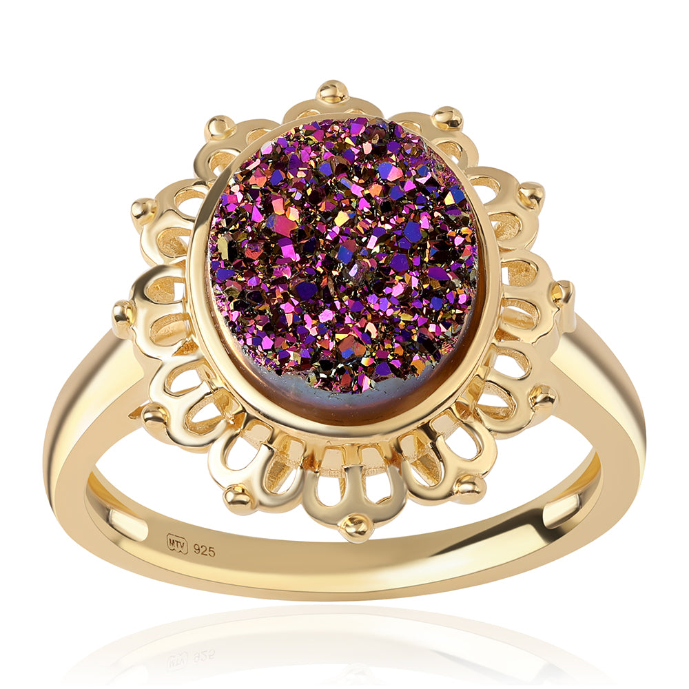 Anillo de Plata Bañada en Oro con Drusa Purpura 1 