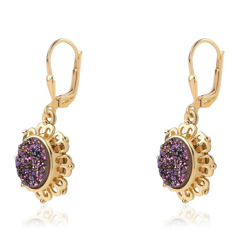 Pendientes de Plata Bañada en Oro con Drusa Purpura 2 