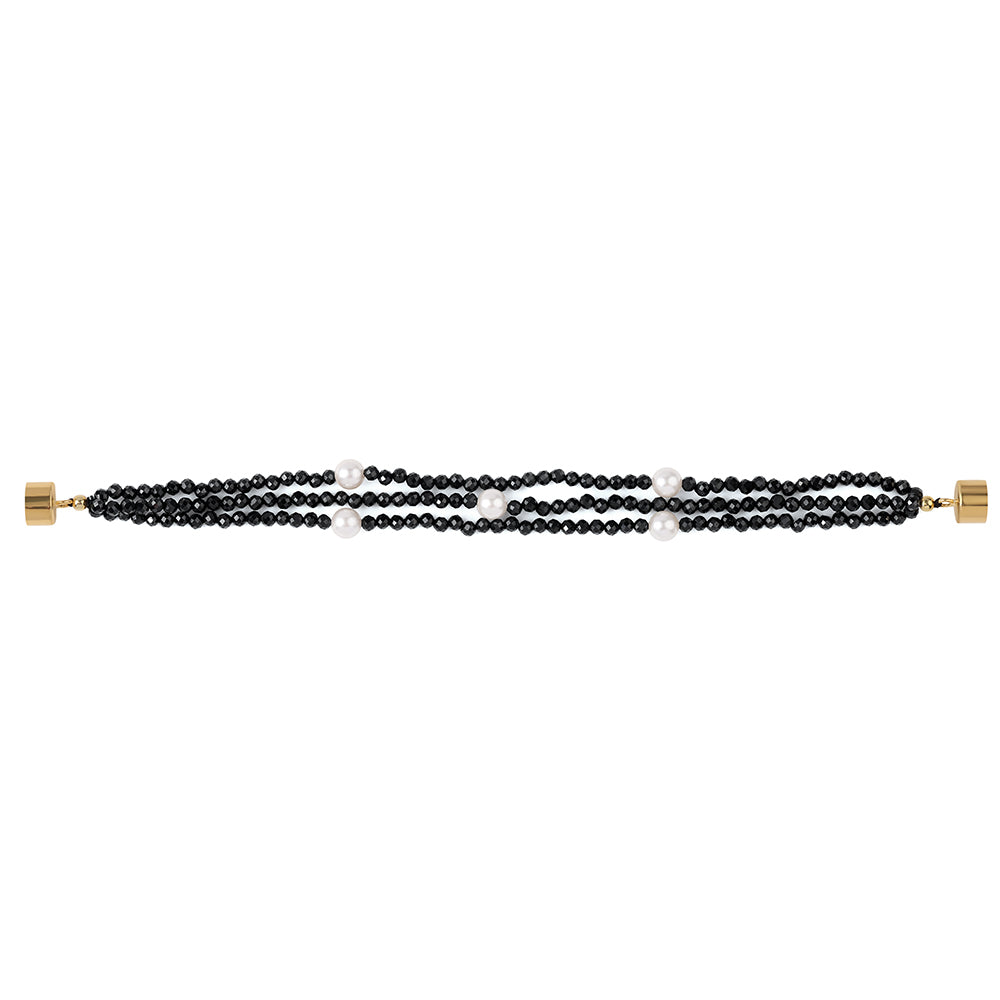 Pulsera de Plata Bañada en Oro con Espinela Negra y Perla blanca de agua dulce 2 